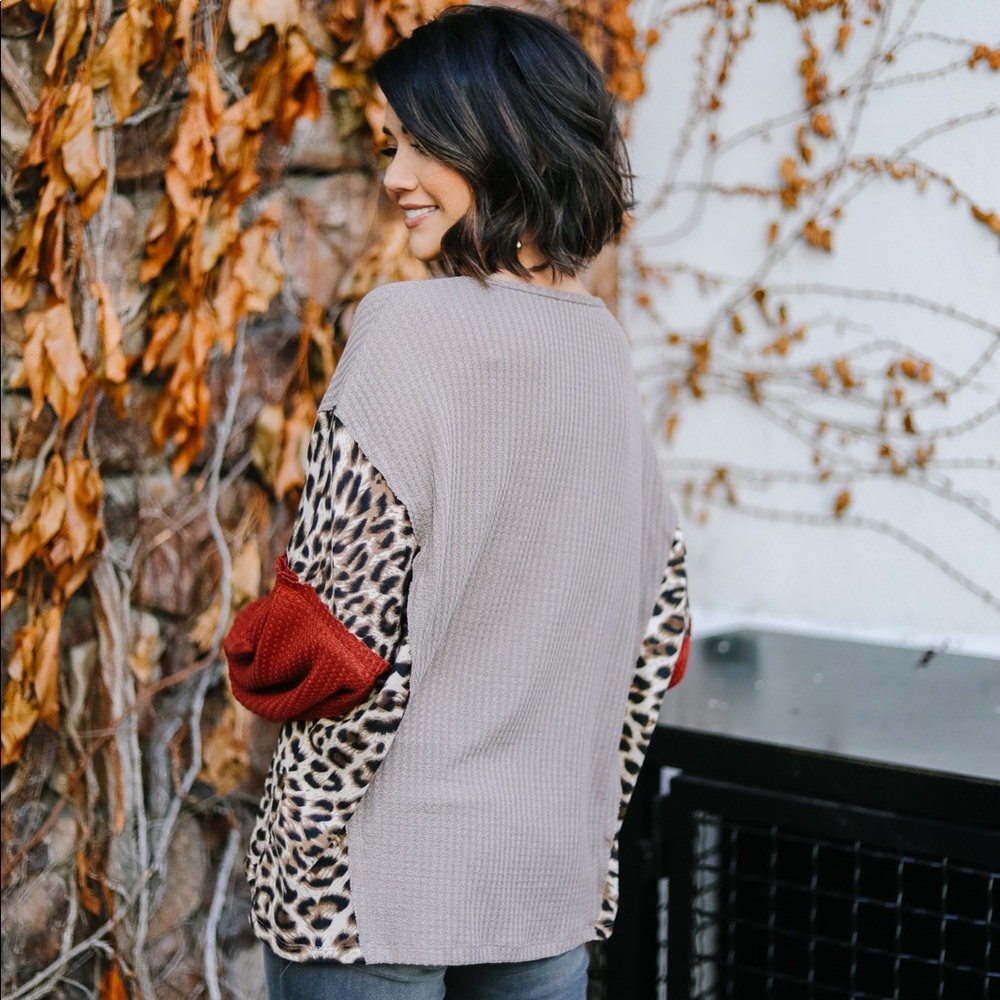 Wild Side Leopard Color-block Waffle Knit Top - Picture 5 of 7